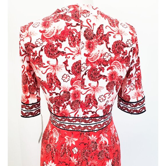 Maggy London Womens Red White Border Print Floral Short Sleeve Midi Dress NWT 2 - Picture 10 of 13